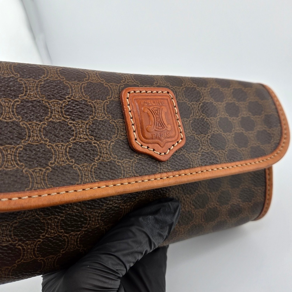 Celine Macadam Triomphe Clutch Bag Brown Coated Canvas Vintage Leather Trim - Picture 3 of 8